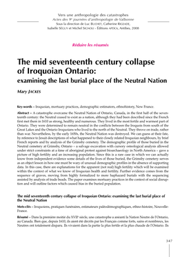 The Mid Seventeenth Century Collapse of Iroquoian Ontario: Examining the Last Burial Place of the Neutral Nation