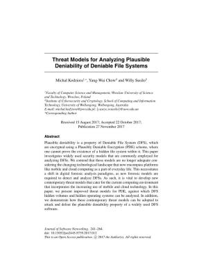 Threat Models for Analyzing Plausible Deniability of Deniable File Systems