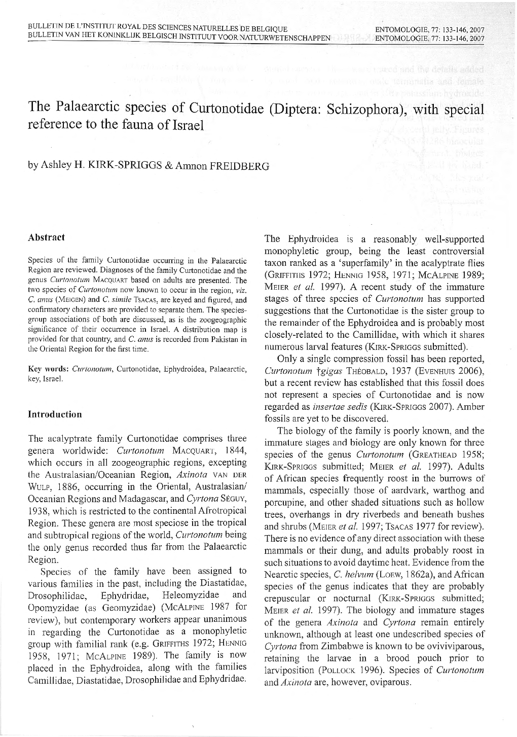 The Palaearctic Species of Curtonotidae (Diptera: Schizophora), with Special Reference to the Fauna of Israel