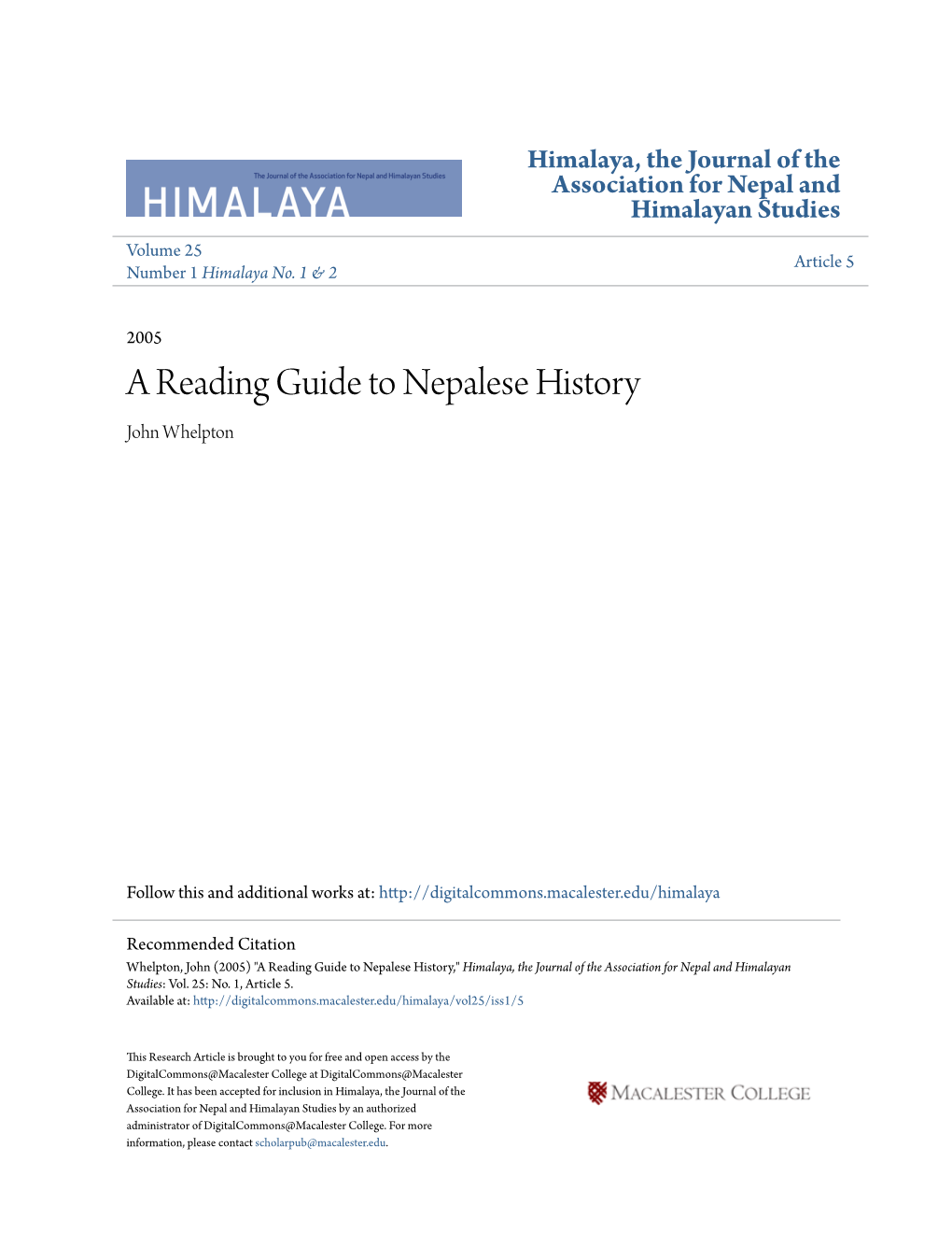 A Reading Guide to Nepalese History John Whelpton