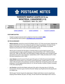 TORONTO MAPLE LEAFS (3-1) Vs. MONTREAL CANADIENS (1-3) TUESDAY, MAY 25, 2021