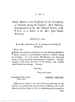 XXII. Memoir on the Vicijfttudes of the Principality of Antioch, During the Crufades