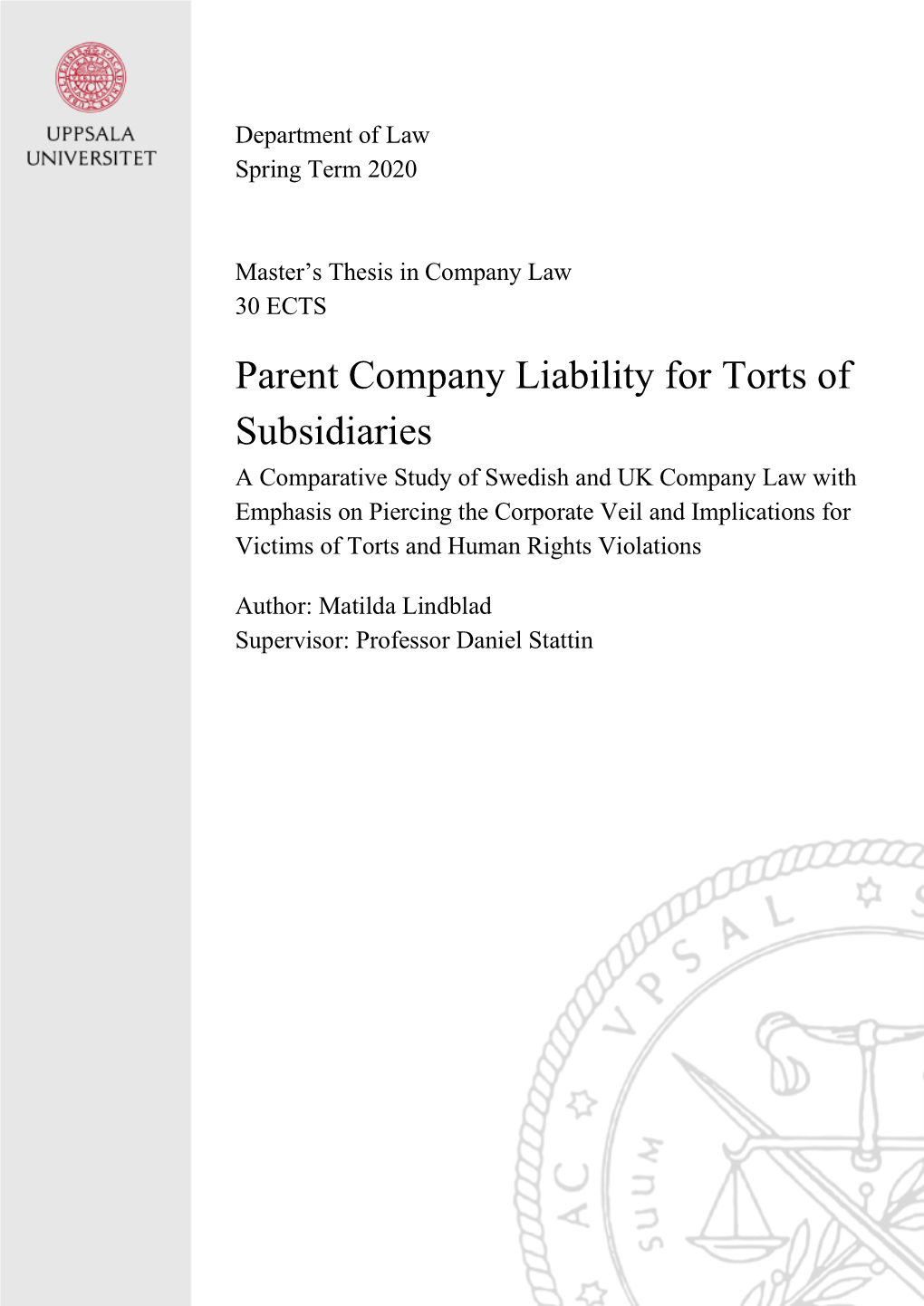 Parent Company Liability for Torts of Subsidiaries