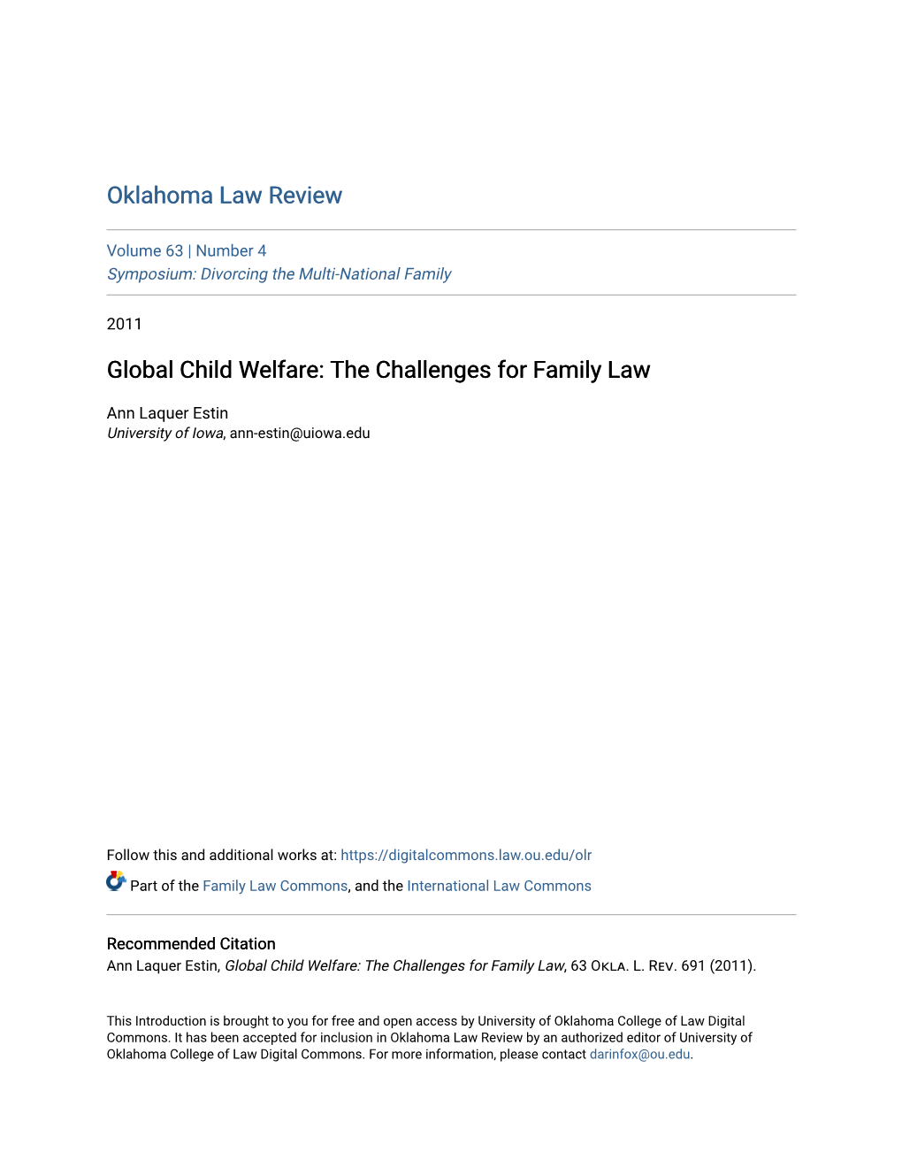 Global Child Welfare: the Challenges for Family Law