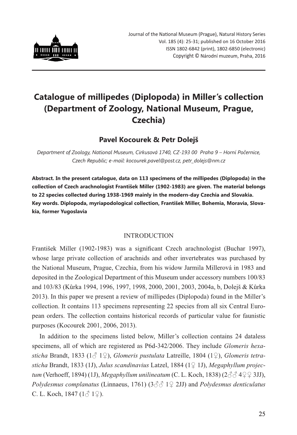 Catalogue of Millipedes (Diplopoda) in Miller's Collection (Department Of