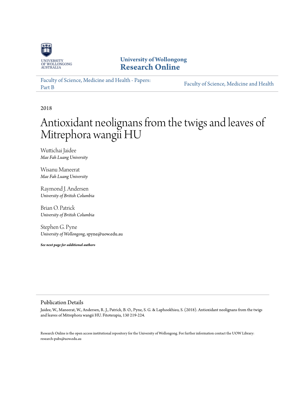 Antioxidant Neolignans from the Twigs and Leaves of Mitrephora Wangii HU Wuttichai Jaidee Mae Fah Luang University