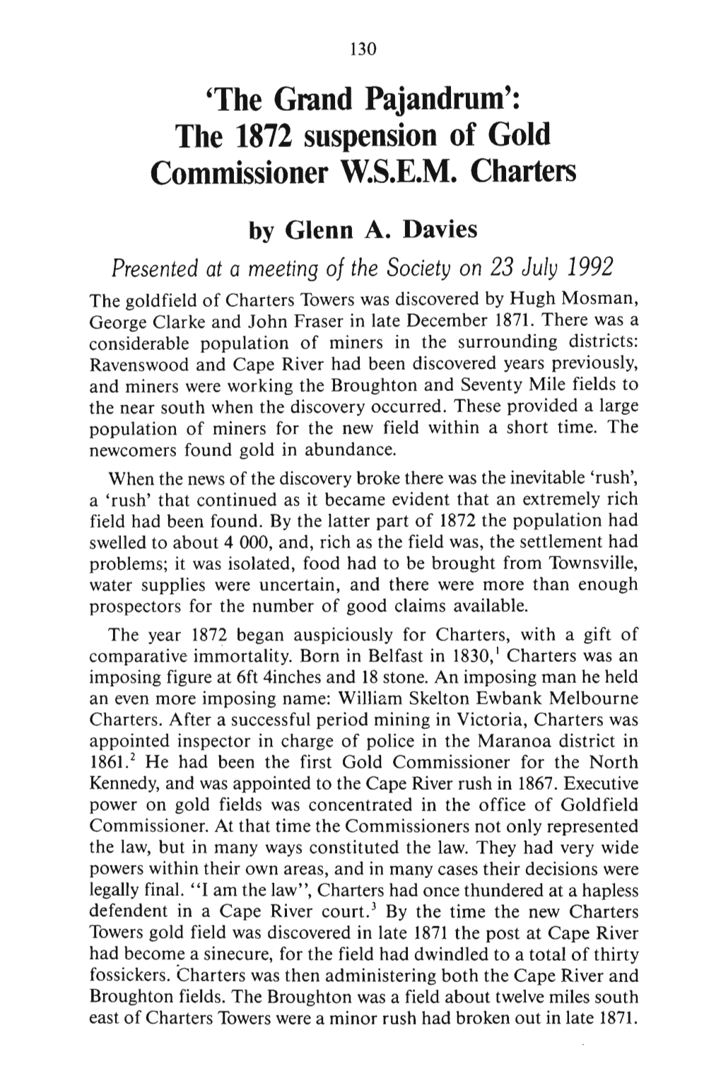 The Grand Pajandrum': the 1872 Suspension of Gold Commissioner W.S.E.M