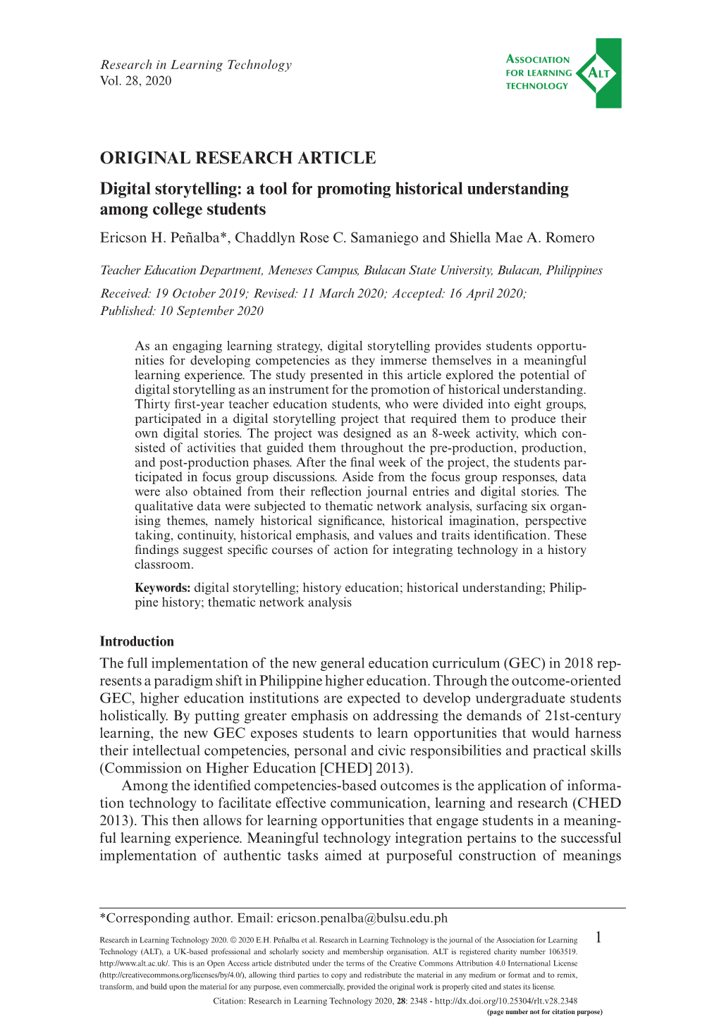 ORIGINAL RESEARCH ARTICLE Digital Storytelling: a Tool for Promoting Historical Understanding Among College Students Ericson H