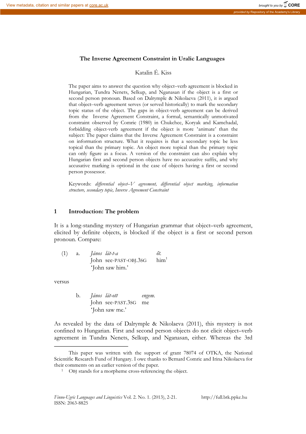The Inverse Agreement Constraint in Uralic Languages Katalin É
