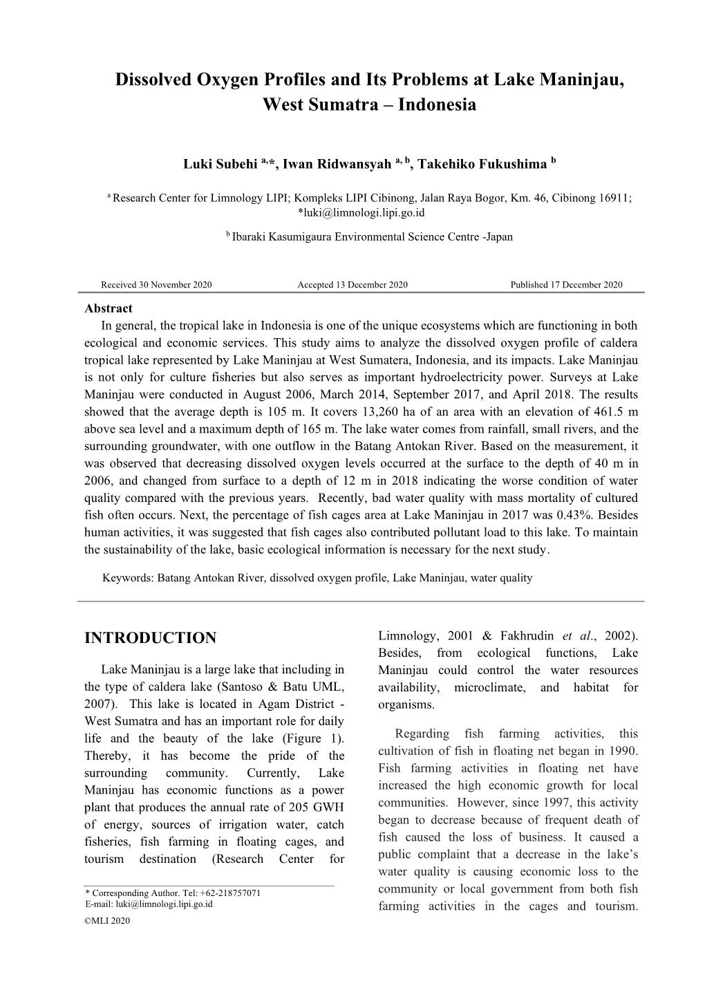 Dissolved Oxygen Profiles and Its Problems at Lake Maninjau, West Sumatra – Indonesia