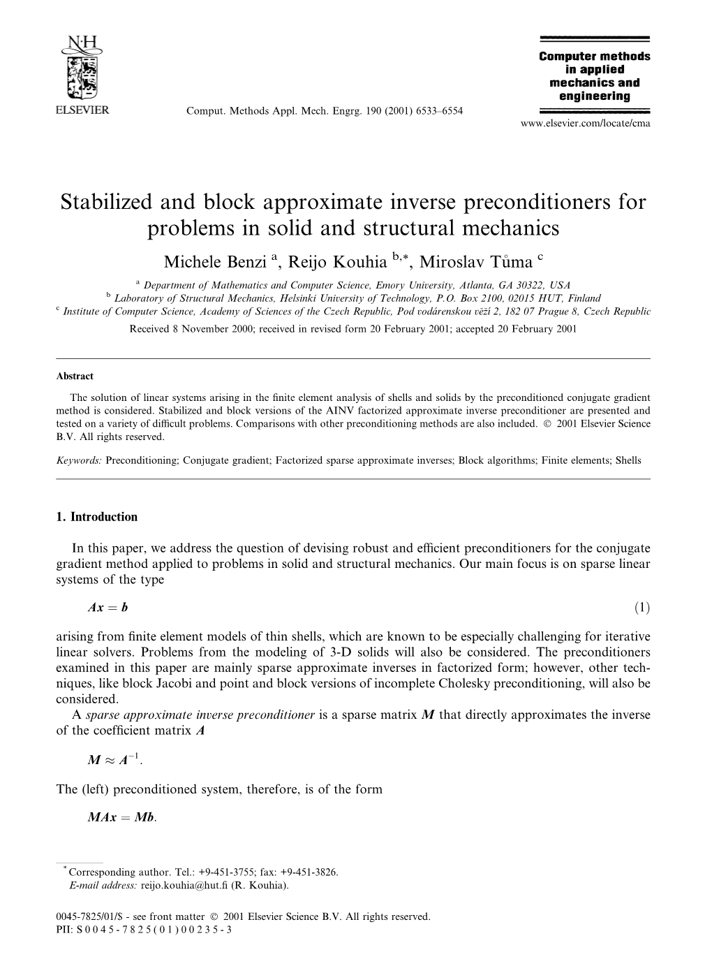 Stabilized and Block Approximate Inverse Preconditioners for Problems in Solid and Structural Mechanics