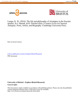 The Life and Philosophy of Aristippus in the Socratic Epistles. in J
