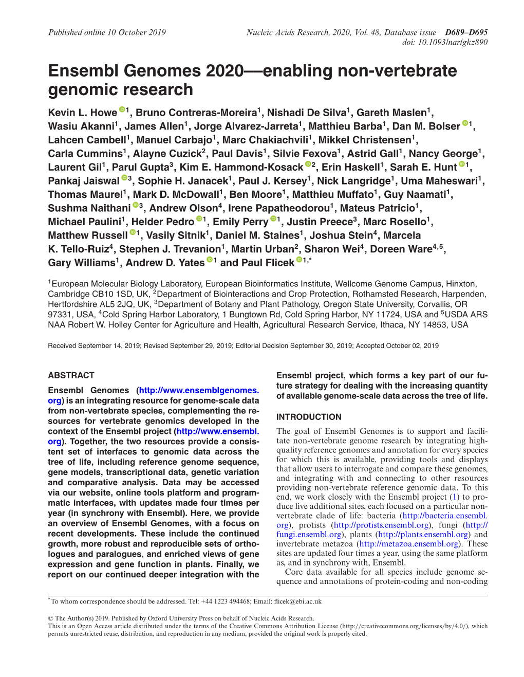 Ensembl Genomes 2020––Enabling Non-Vertebrate Genomic Research Kevin L