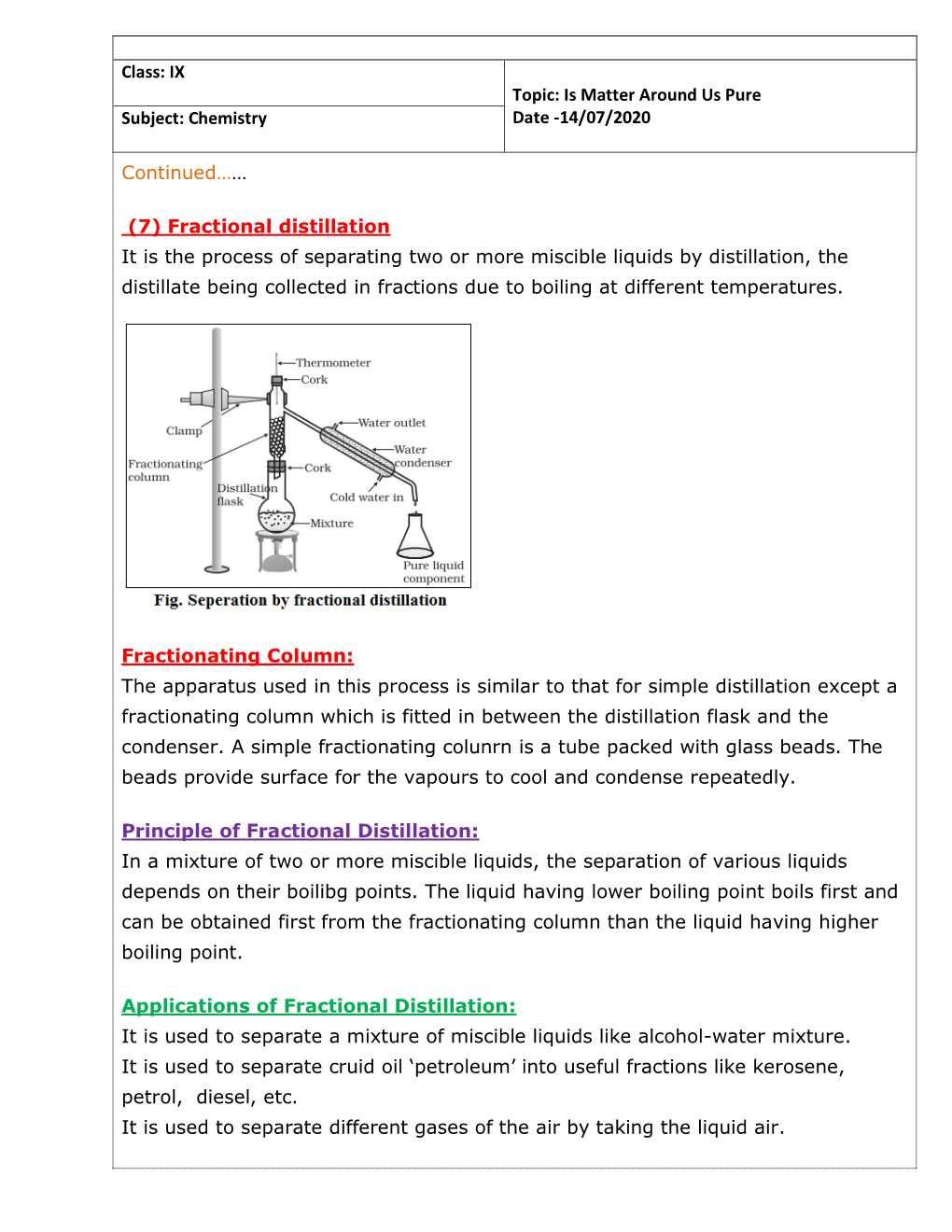 Chemistry Continued…… (7) Fractional Distillation It Is