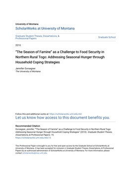 As a Challenge to Food Security in Northern Rural Togo: Addressing Seasonal Hunger Through Household Coping Strategies