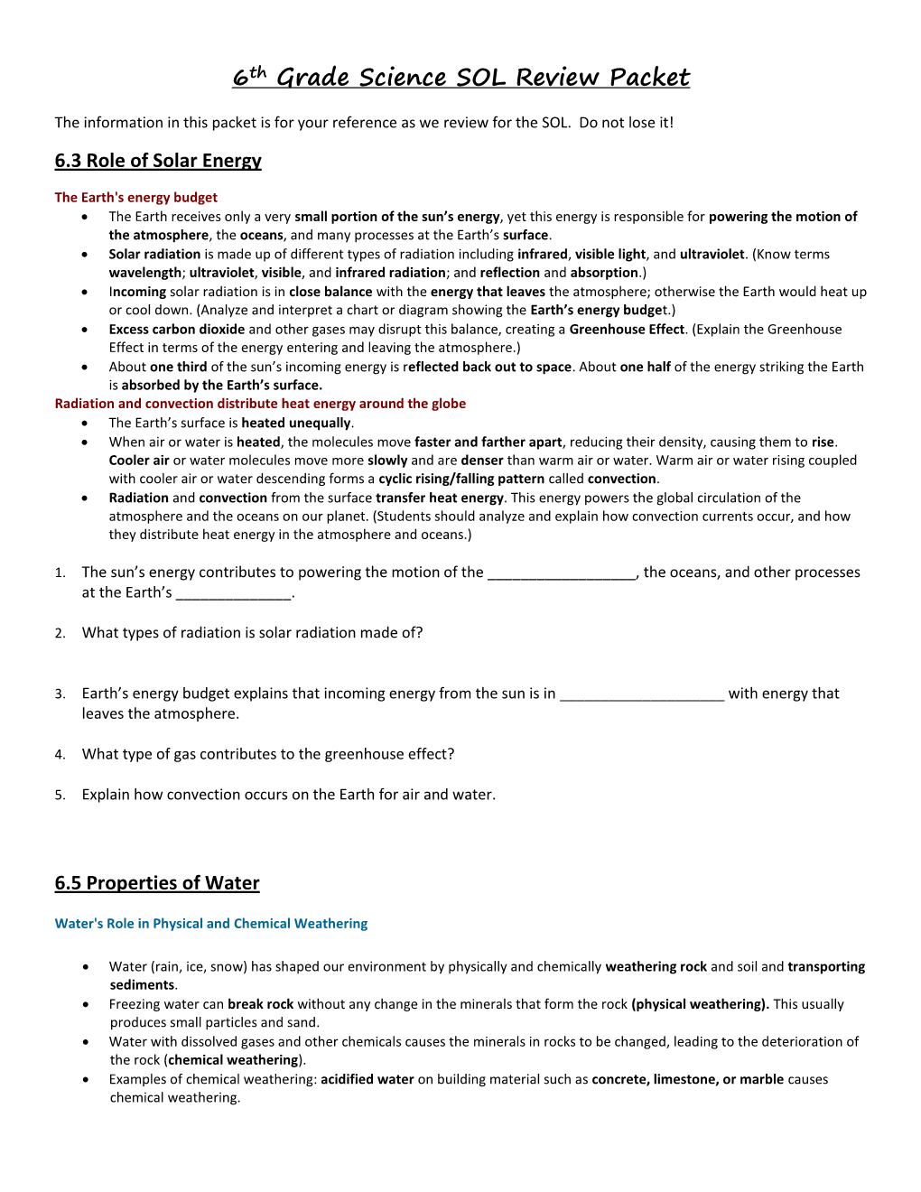 6Th Grade Science SOL Review Packet