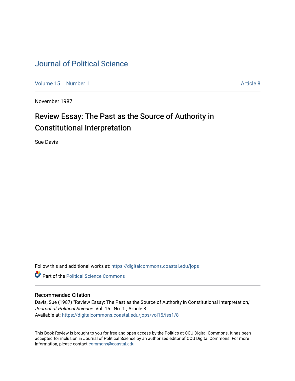 Review Essay: the Past As the Source of Authority in Constitutional Interpretation