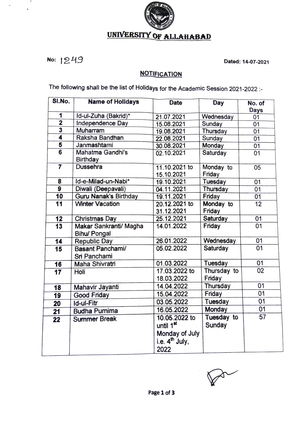 List of Holidays for the Academic Session 2021-2022