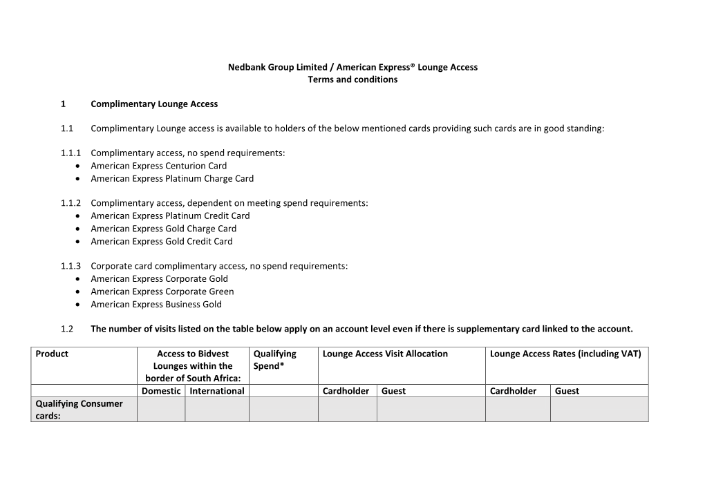 Nedbank Group Limited / American Express® Lounge Access Terms and Conditions