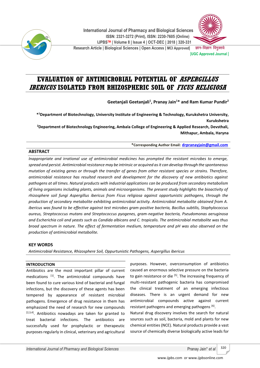 Evaluation of Antimicrobial Potential of Aspergillus Ibericus Isolated from Rhizospheric Soil of Ficus Religiosa