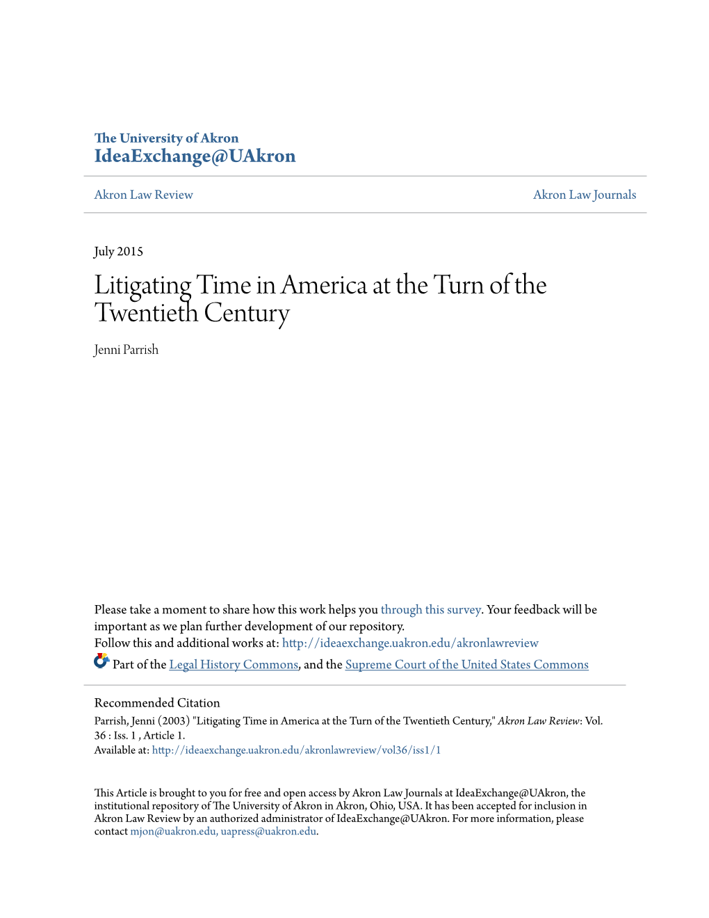 Litigating Time in America at the Turn of the Twentieth Century Jenni Parrish