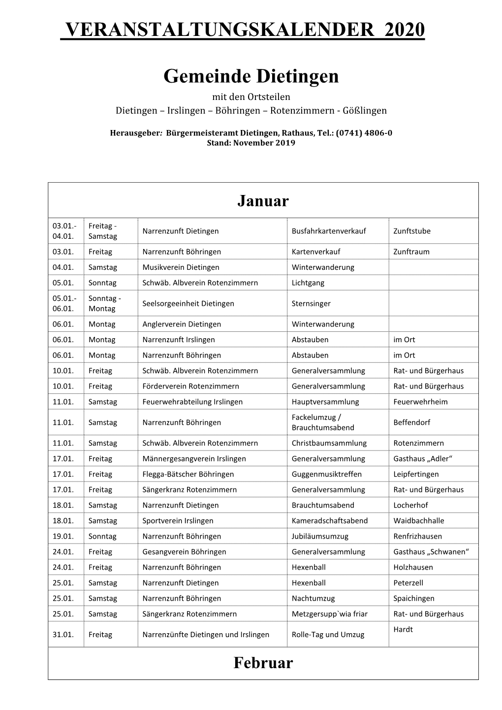 VERANSTALTUNGSKALENDER 2020 Gemeinde Dietingen