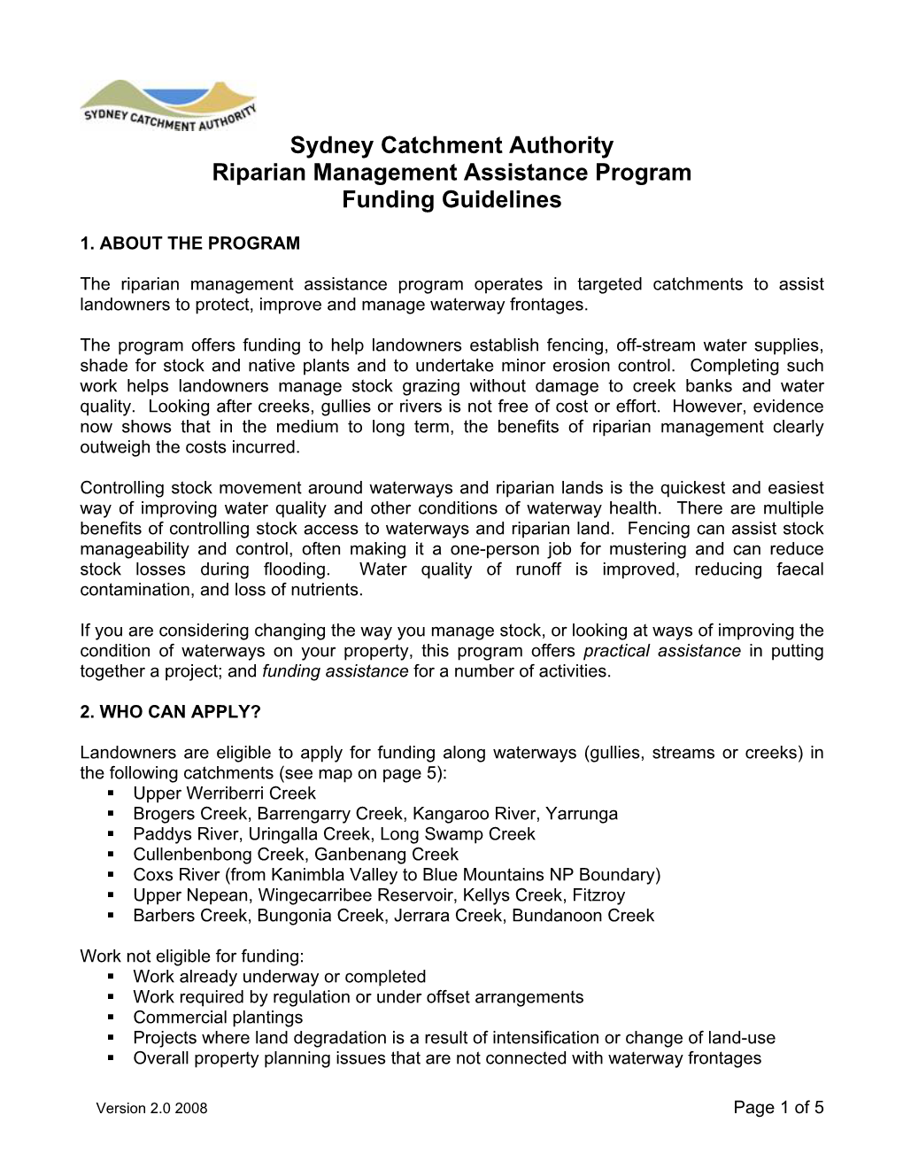 Sydney Catchment Authority Riparian Management Assistance Program Funding Guidelines