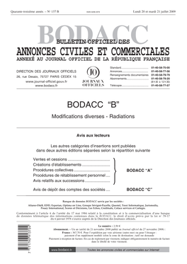 Bodacc Bulletin Officiel Des Annonces Civiles Et Commerciales Annexé Au Journal Officiel De La