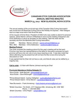 Canadian Stick Curling Association Annual Meeting Minutes March 23, 2017 New Glasgow, Nova Scotia