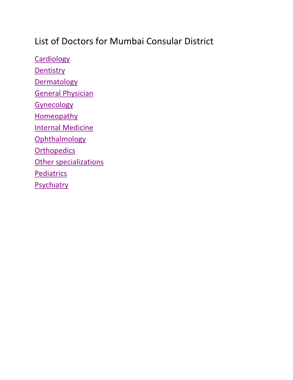 List of Doctors for Mumbai Consular District