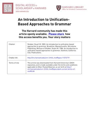 An Introduction to Unification- Based Approaches to Grammar
