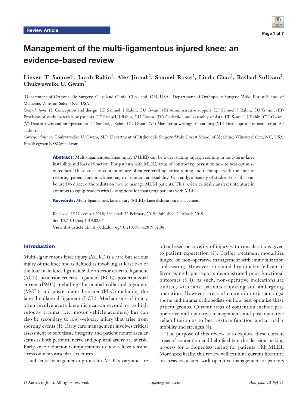 Management of the Multi-Ligamentous Injured Knee: an Evidence-Based Review