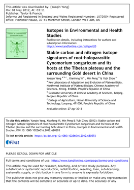 Stable Carbon and Nitrogen Isotope Signatures of Root-Holoparasitic Cynomorium Songaricum and Its Hosts at the Tibetan Plateau A