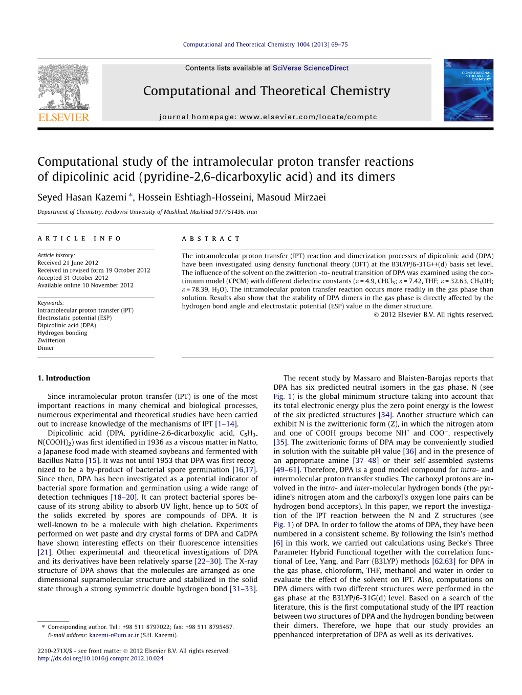 Computational Study of the Intramolecular Proton Transfer Reactions of Dipicolinic Acid (Pyridine-2,6-Dicarboxylic Acid) And