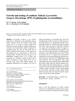 Growth and Mating of Southern African Lycoteuthis Lorigera (Steenstrup, 1875) (Cephalopoda; Lycoteuthidae)