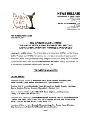 2012 Writers Guild Awards Television, News, Radio, Promotional Writing, and Graphic Animation Nominees Announced