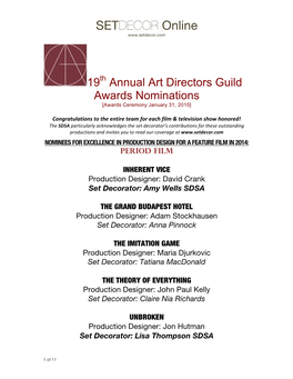19Th ADG Awards Noms 2014-15