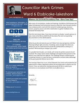 Councillor Mark Grimes Ward 6 Etobicoke-Lakeshore April 4, 2013 Mimico 20/20 Draft Secondary Plan –Have Your Say!