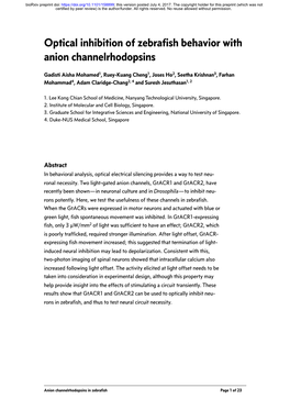 Optical Inhibition of Zebrafish Behavior with Anion Channelrhodopsins