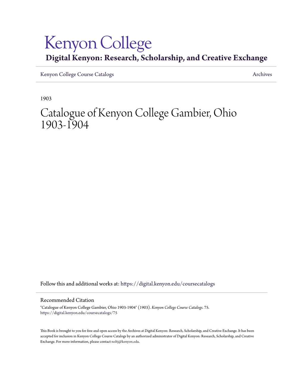 Catalogue of Kenyon College Gambier, Ohio 1903-1904