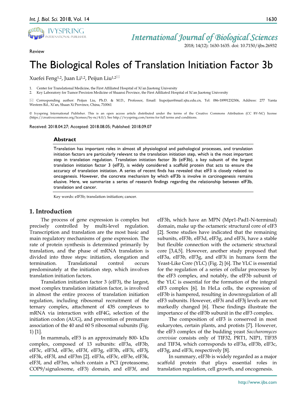 The Biological Roles of Translation Initiation Factor 3B Xuefei Feng1,2, Juan Li1,2, Peijun Liu1,2