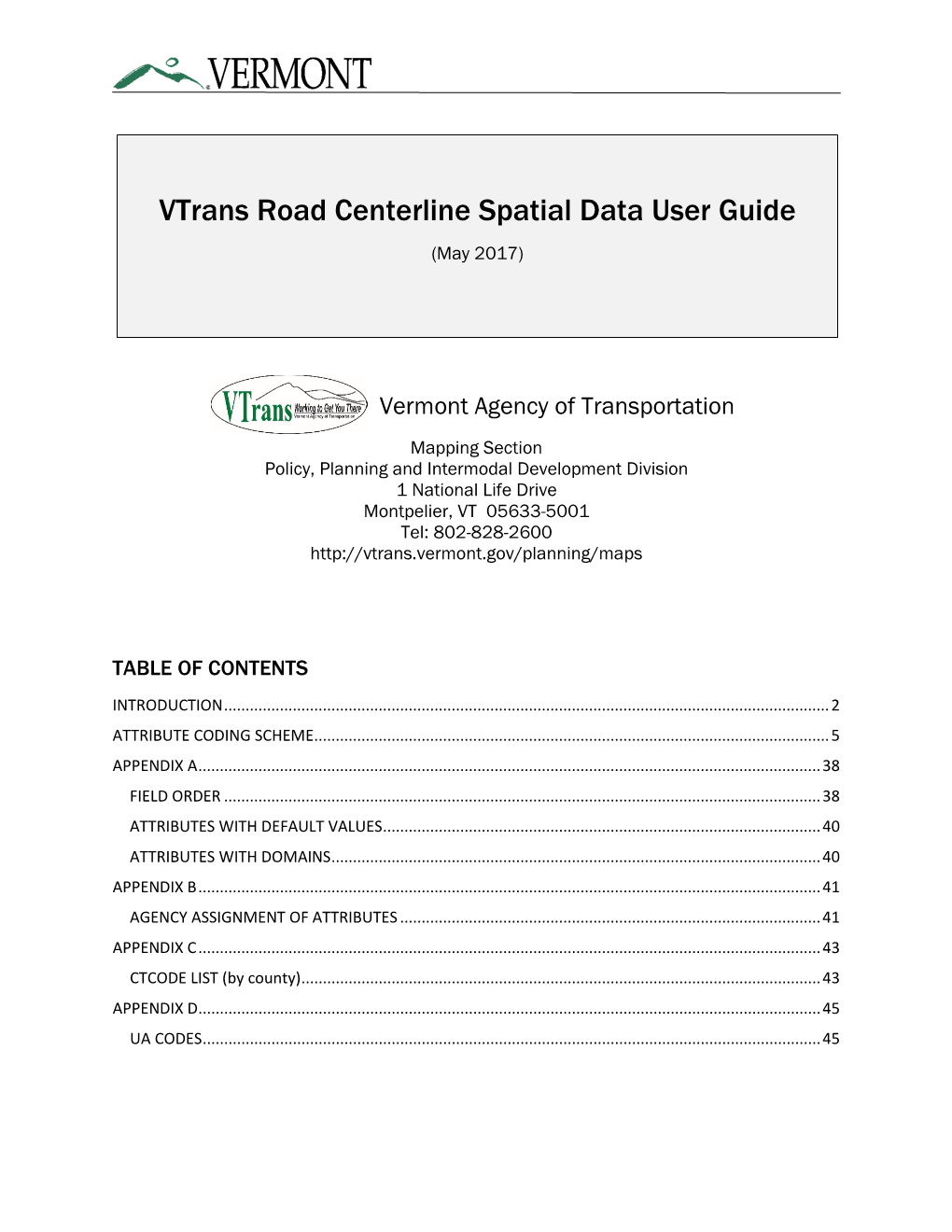 Vtrans Road Centerline Spatial Data User Guide (May 2017)