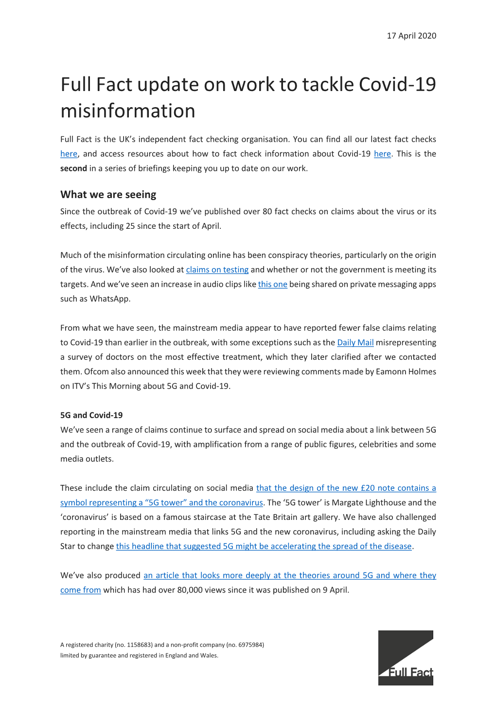 Full Fact Update on Work to Tackle Covid-19 Misinformation