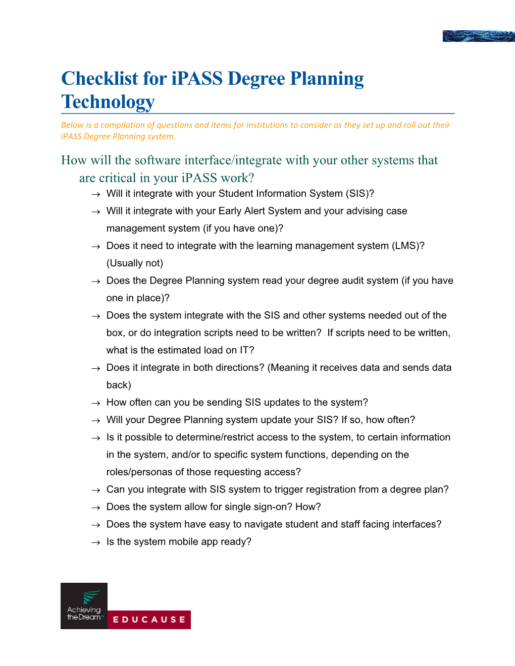 Checklist for Ipass Degree Planning Technology