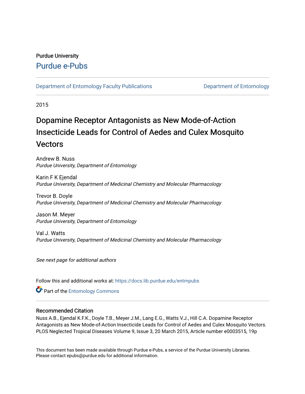 Dopamine Receptor Antagonists As New Mode-Of-Action Insecticide Leads for Control of Aedes and Culex Mosquito Vectors