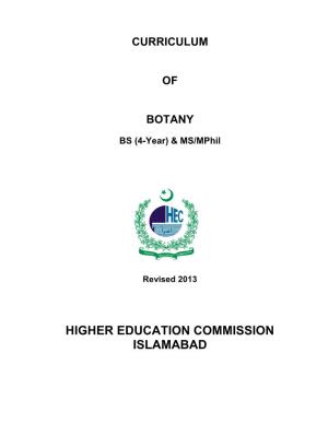 Curriculum of Botany for BS and MS Programme, So As to Bring It at Par with International Standards