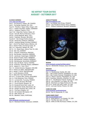 Nz Artist Tour Dates August - October 2017