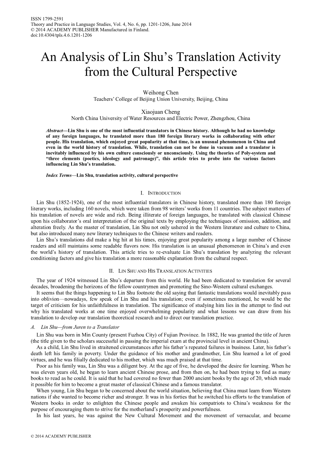 An Analysis of Lin Shu's Translation Activity from the Cultural Perspective