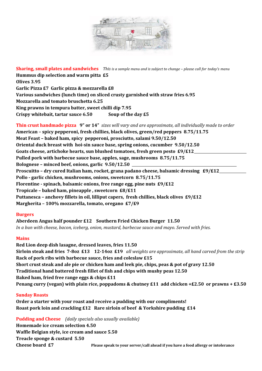 Sharing, Small Plates and Sandwiches This Is a Sample Menu and Is Subject to Change Please