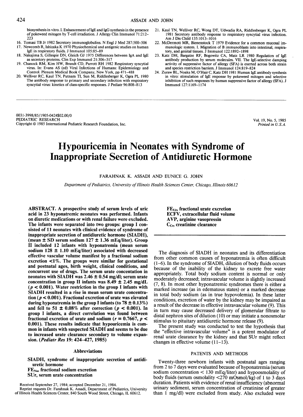 Hypouricemia in Neonates with Syndrome of Inappropriate Secretion of Antidiuretic Hormone